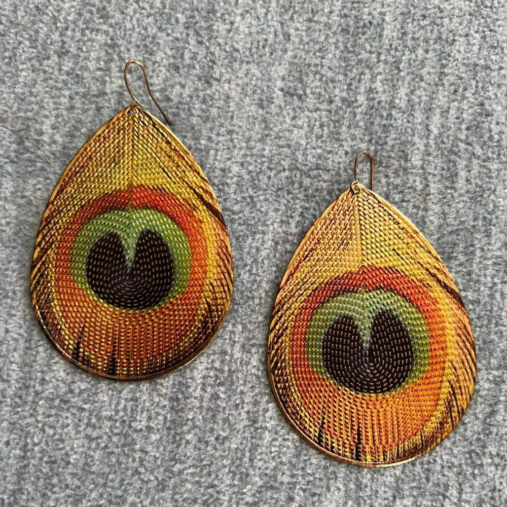 Peacock Feather Design Pierced‎ Earrings Thin Large Lightweight Flat Multicolor